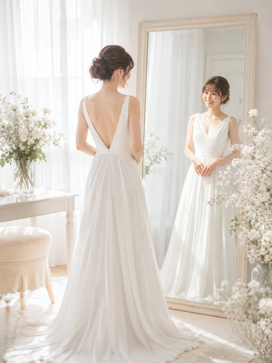 鏡に映る自分にほほえむ、ドレス姿の花嫁