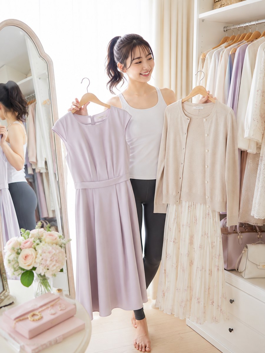 クローゼットで着ていく服を選ぶ女性
